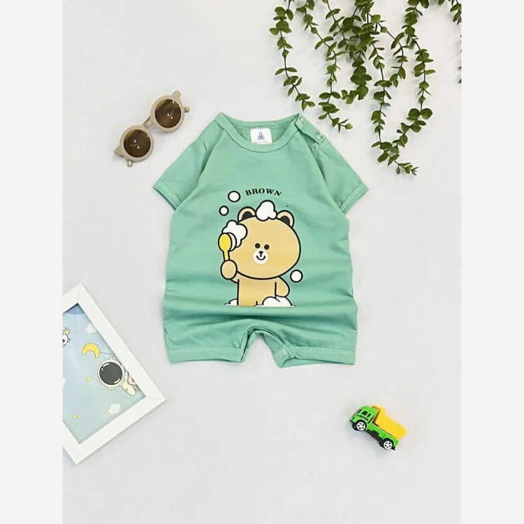 رامپر سرهمی آستین کوتاه نوزادی دخترانه پسرانه طرح حیوانات جنس فول پنبه