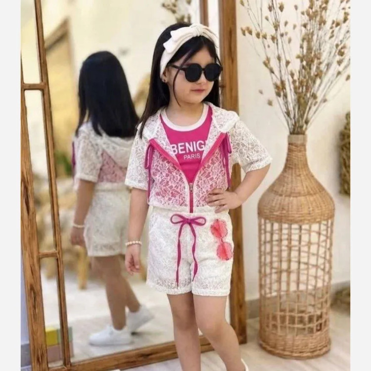 ست سه تکه دخترانه تاپ رویه تور و شلوارک مناسب 2 تا 8 سال