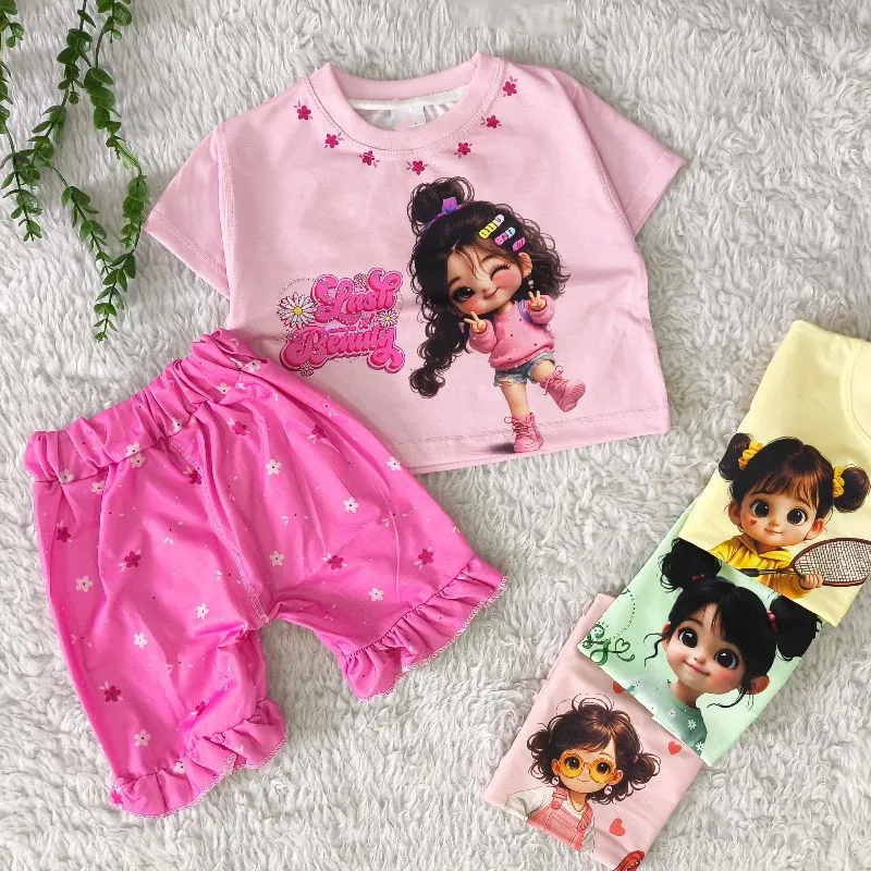 ست کراپ و شلوارک دخترانه نخی تابستانه سایز 6 ماه تا 5 سال