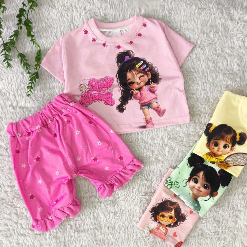 ست کراپ و شلوارک دخترانه نخی تابستانه سایز 6 ماه تا 5 سال