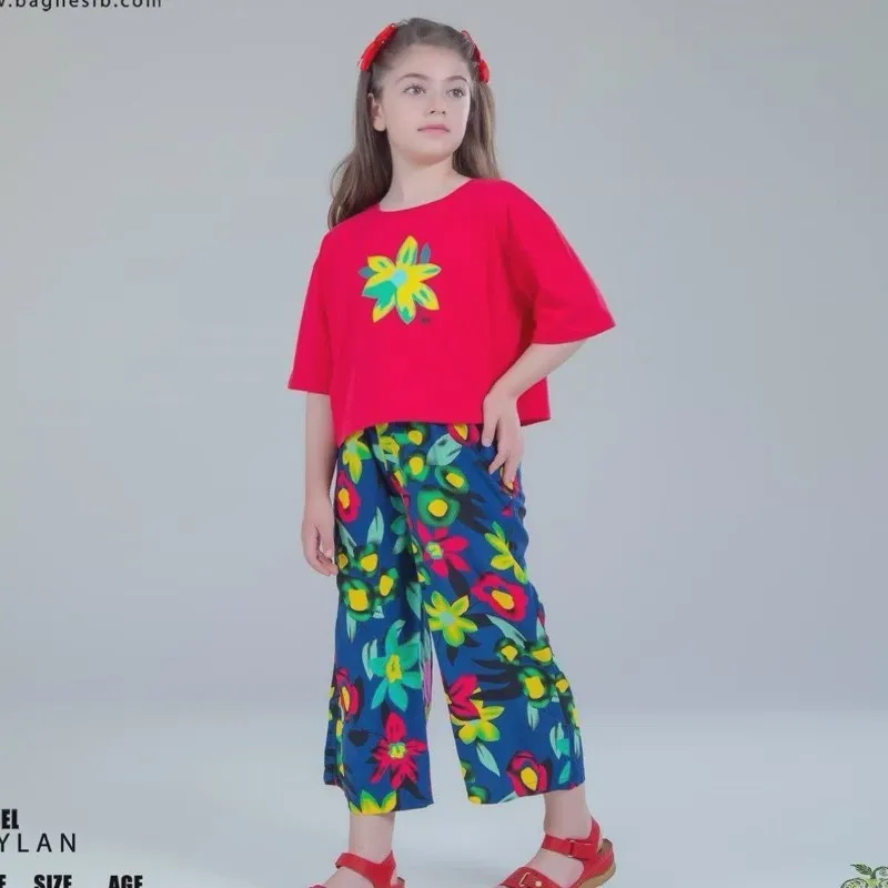 ست کراپ و شلوار نخی خنک دخترانه مدل تایلان پنبه سایز 48 تا 54