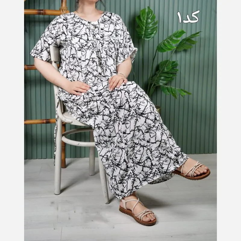 پیراهن نخی آستین کوتاه بلند زنانه فری سایز