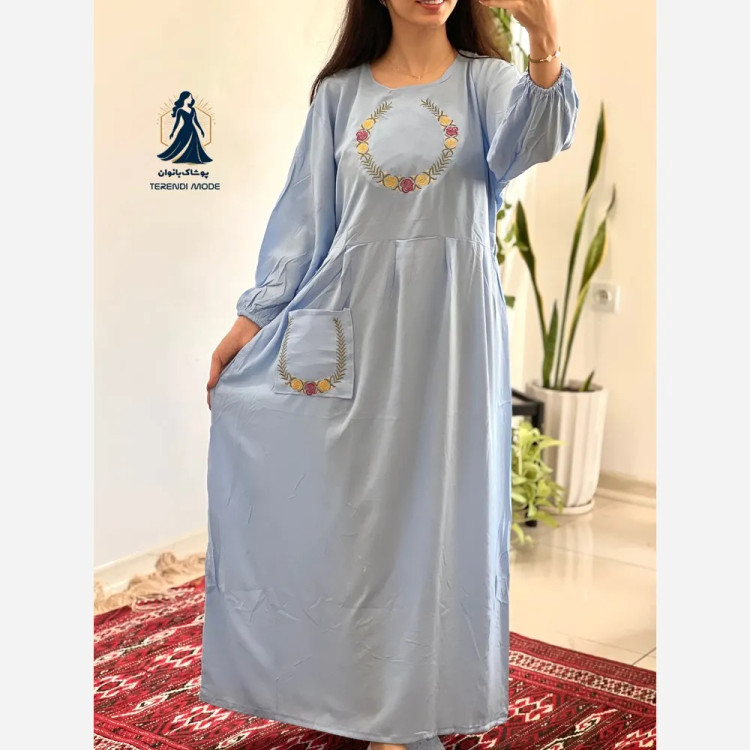ساحلی گلدوزی تک جیب زنانه جنس نخ ململ رنگ زیتون خنک تابستانه