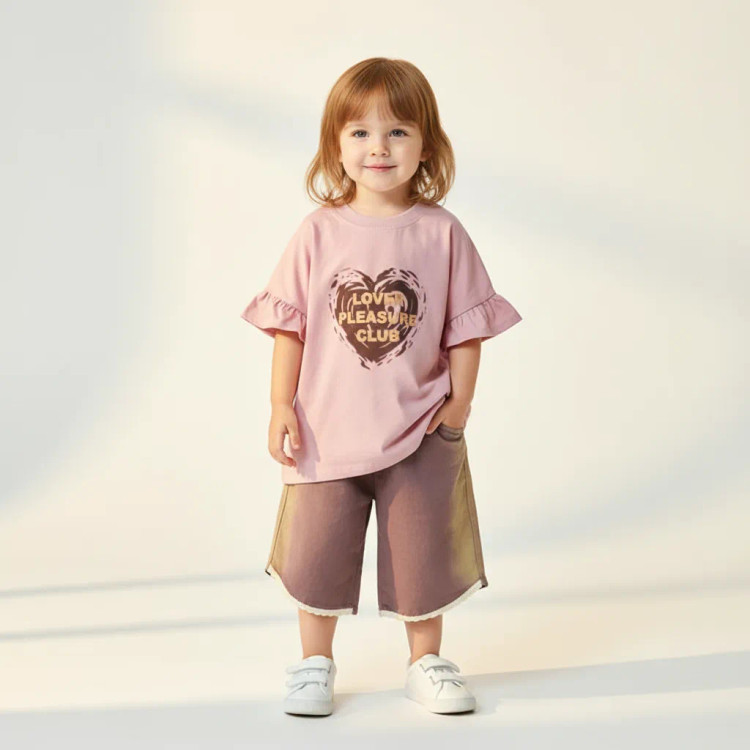 ست تیشرت باکسی پنبه و شلوارک کتان دخترانه مدل قلبی