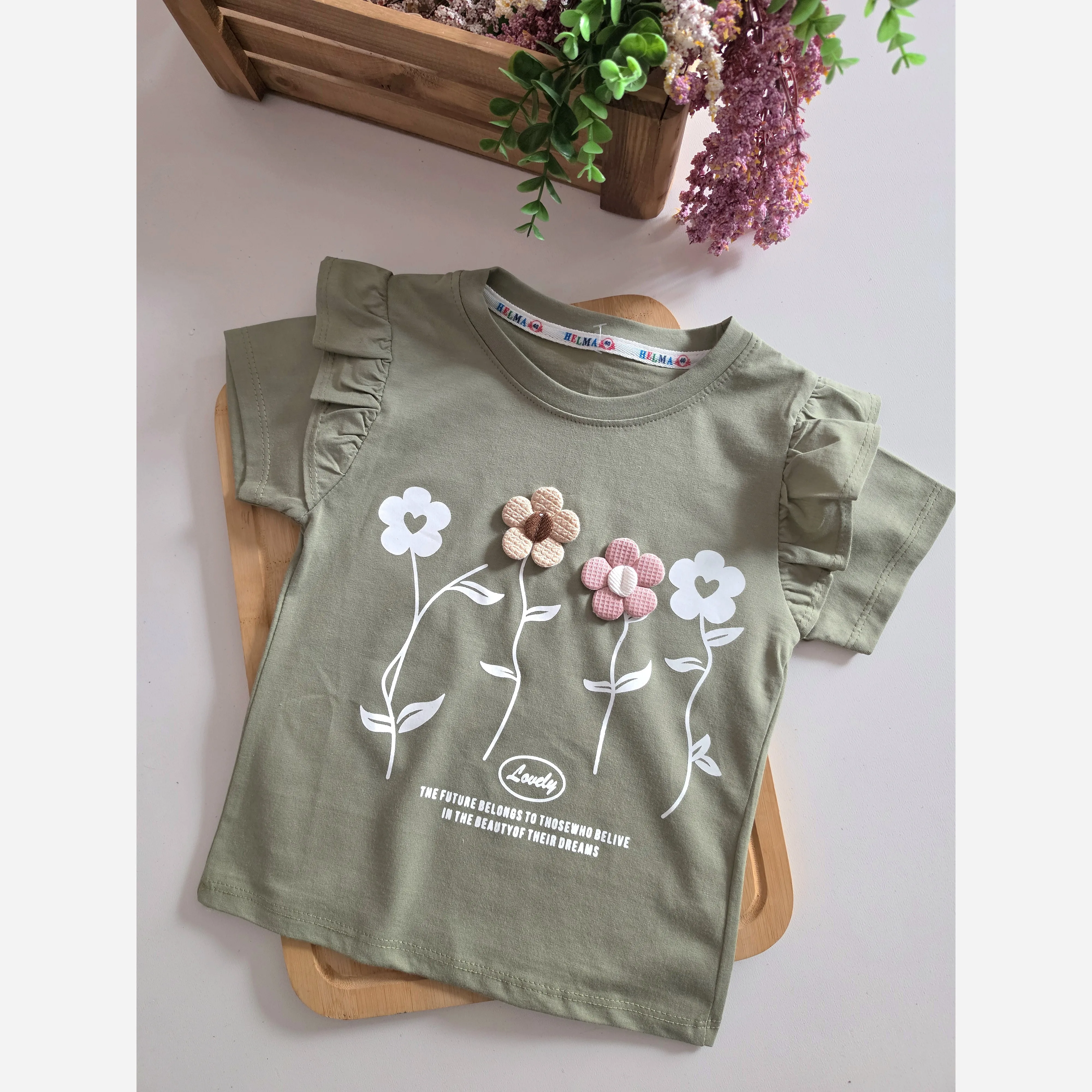 بلوز دخترانه گل برجسته آستین کوتاه پنبه نخ سایز 2 تا 9 سال