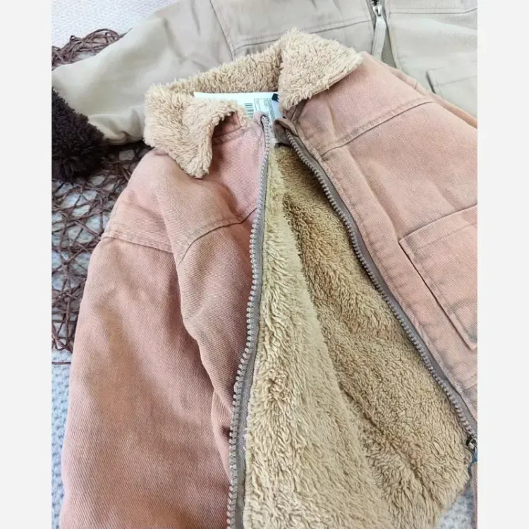 کت کاپشن بوفالو کتان خزدار بچگانه رنگ مسی و کرمی مناسب 1 تا 6 سال