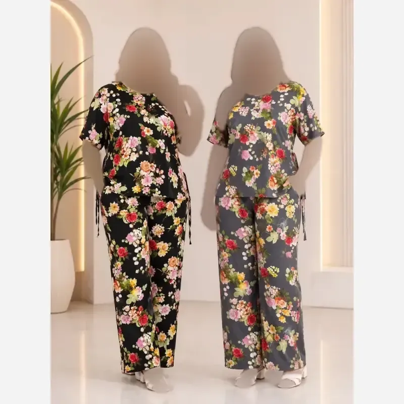 بلوز شلوار گلدار نخی خنک و تابستانه سایز 40 تا 52
