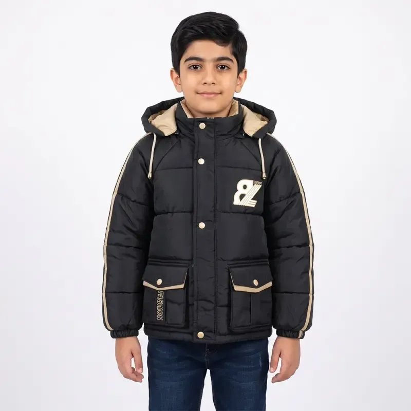 کاپشن پسرانه مشکی شمعی آستر خز کلاه دار مدل فشن پاییزه زمستانه