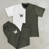 ست تیشرت و شلوار مردانه جنس پارچه مولینه لاکرادار رنگ سبز زیتونی