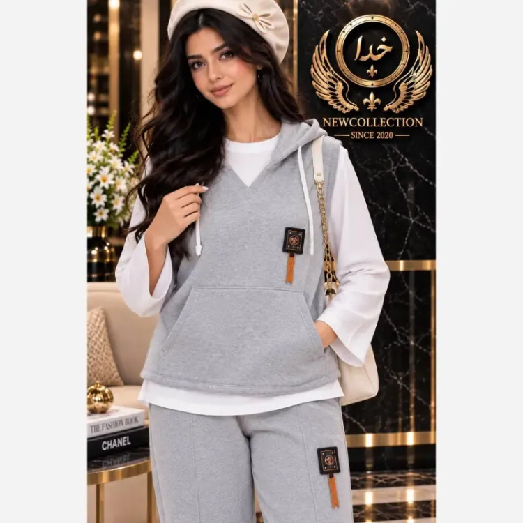 سه تیکه پاییزه زنانه جنس گلکسی اعلا مدل سریناع رنگ طوسی روشن و طوسی متوسط سایز فری 38 تا 48