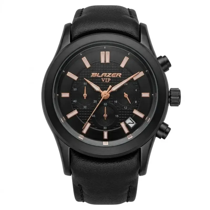 ساعت مچی زنانه بلیزر مشکی بند چرمی طرح سه موتور تقویم دار