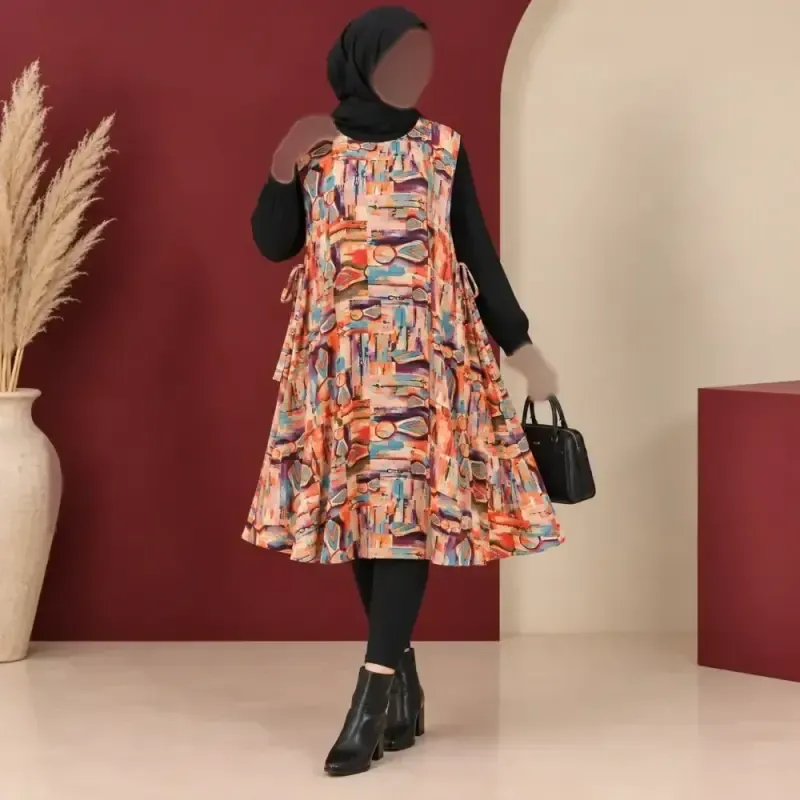 پیراهن ساحلی زنانه حلقهای کوتاه نخ G3 کلوش کمربنددار فری سایز